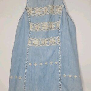 Free People Womens Sleeveless Denim Embroidered Mini Dress, Size Medium